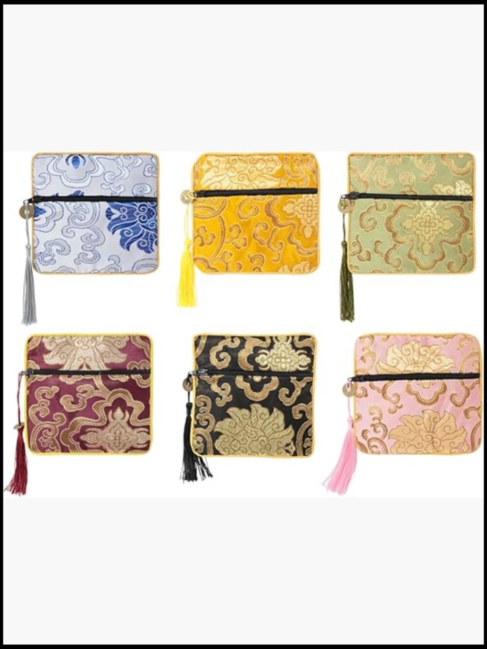 6 Embroidery Zip Coin Purses Chinese Style Brocade Jewelry Pouch Set